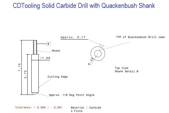 TCDR-11000 Two Flute Spiral  1.000ø  Solid Carbide Drill with Quackenbush Shank OAL 7.750'' Drill Point 118° Minimum 2 Piece order